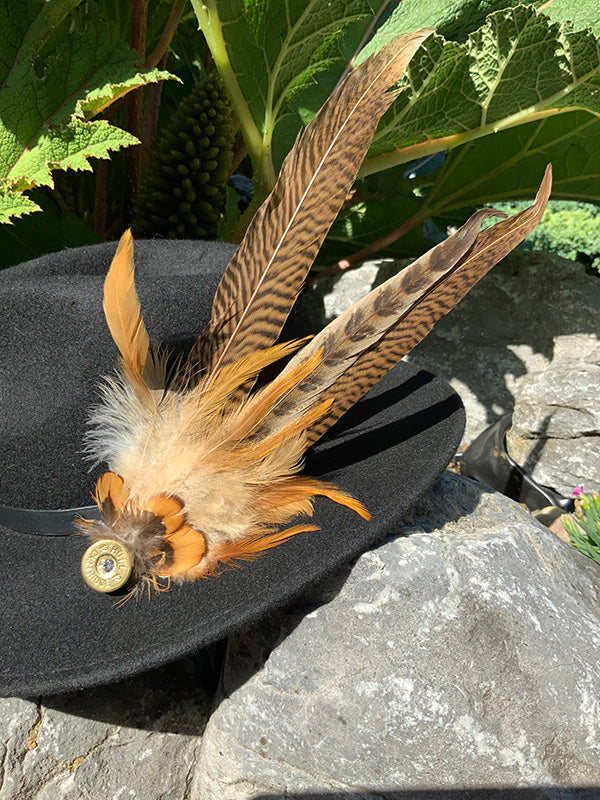 Golden Ringneck Hat Feather Brooch With Crystal