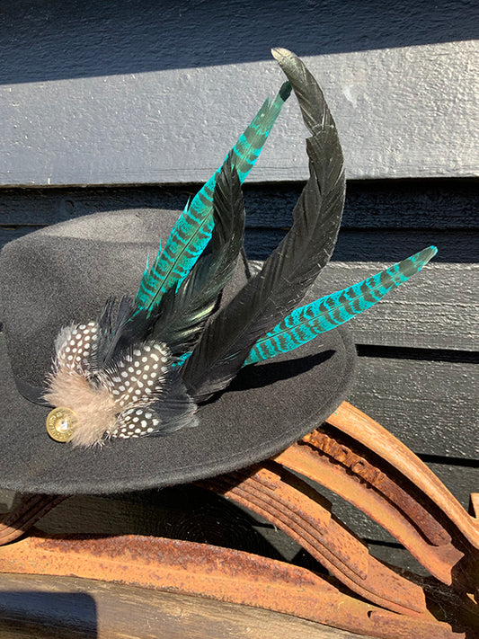 Ostrich and Ringneck Turquoise Hat Feather Brooch With Crystal