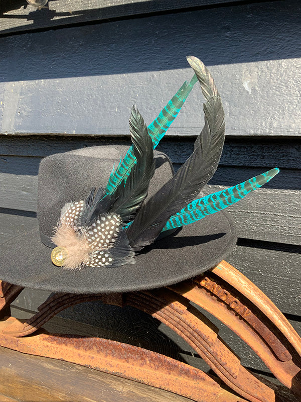 Ostrich and Ringneck Turquoise Hat Feather Brooch With Crystal