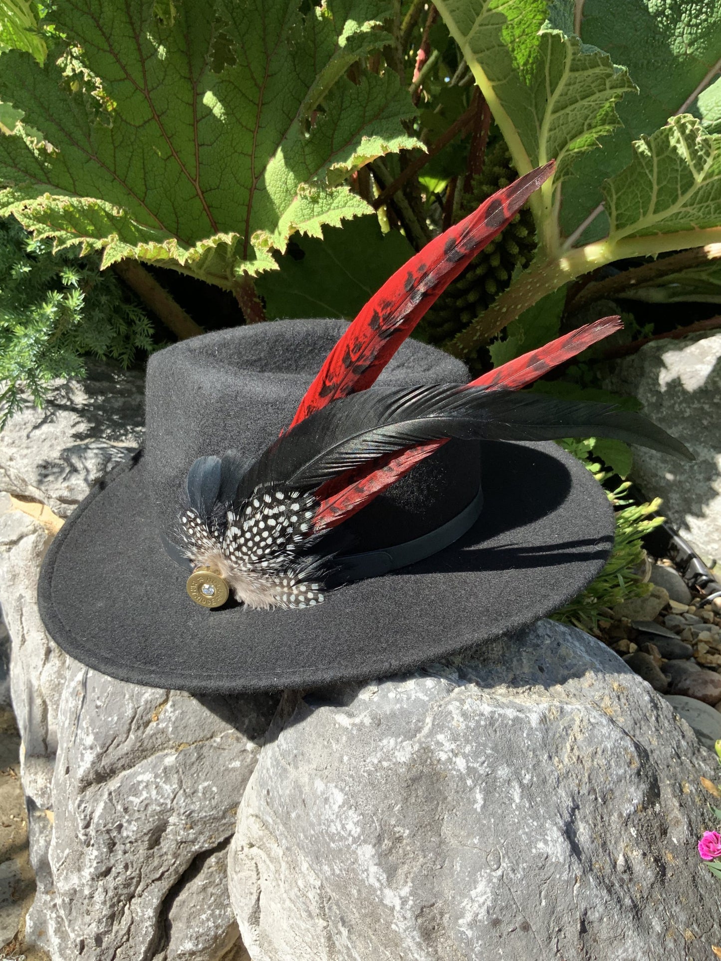 Ostrich and Ringneck Red Hat Feather Brooch With Crystal