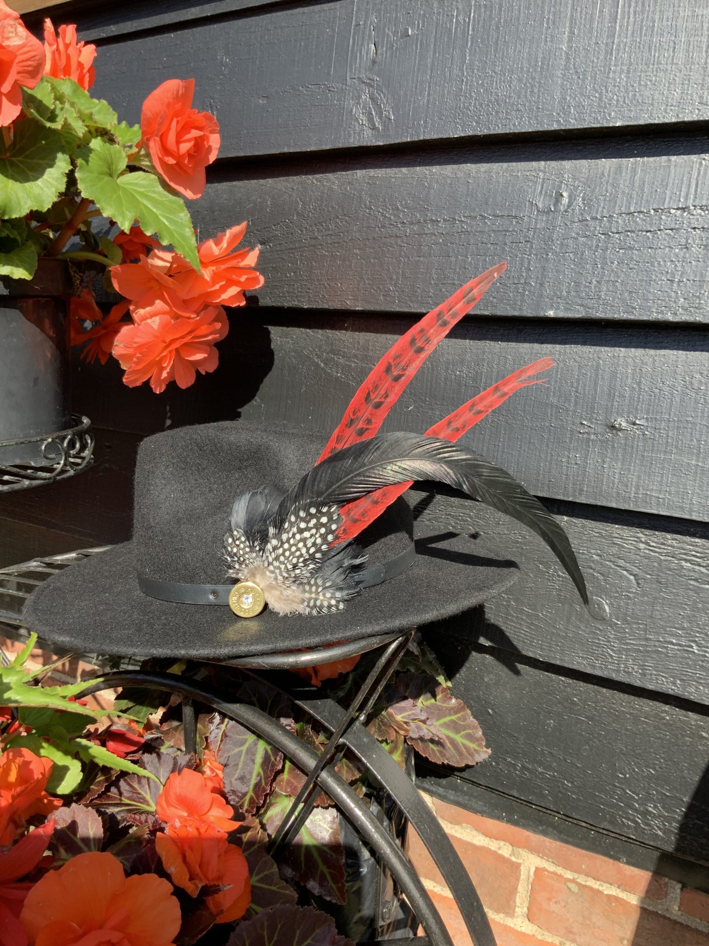 Ostrich and Ringneck Red Hat Feather Brooch With Crystal