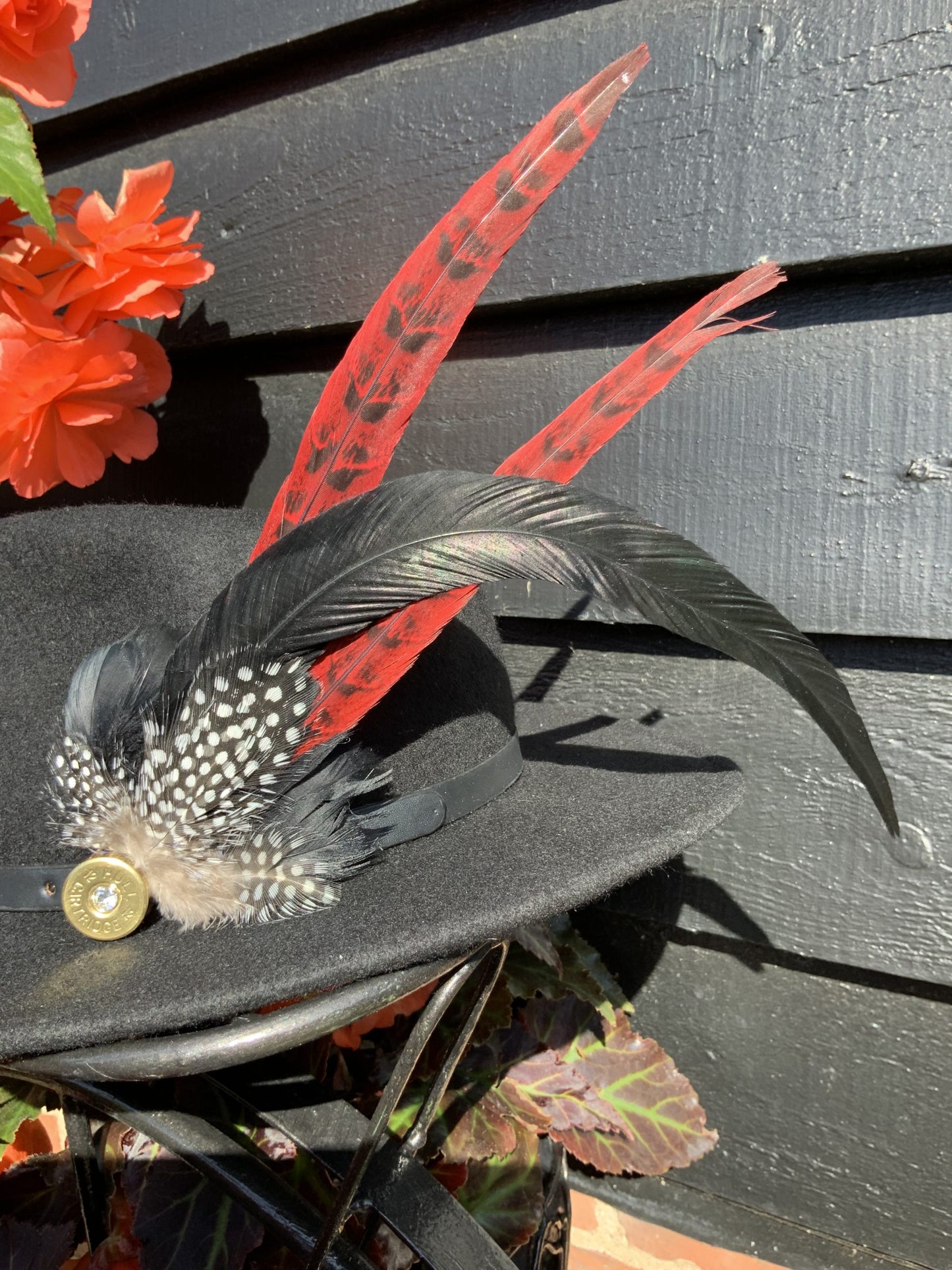 Ostrich and Ringneck Red Hat Feather Brooch With Crystal