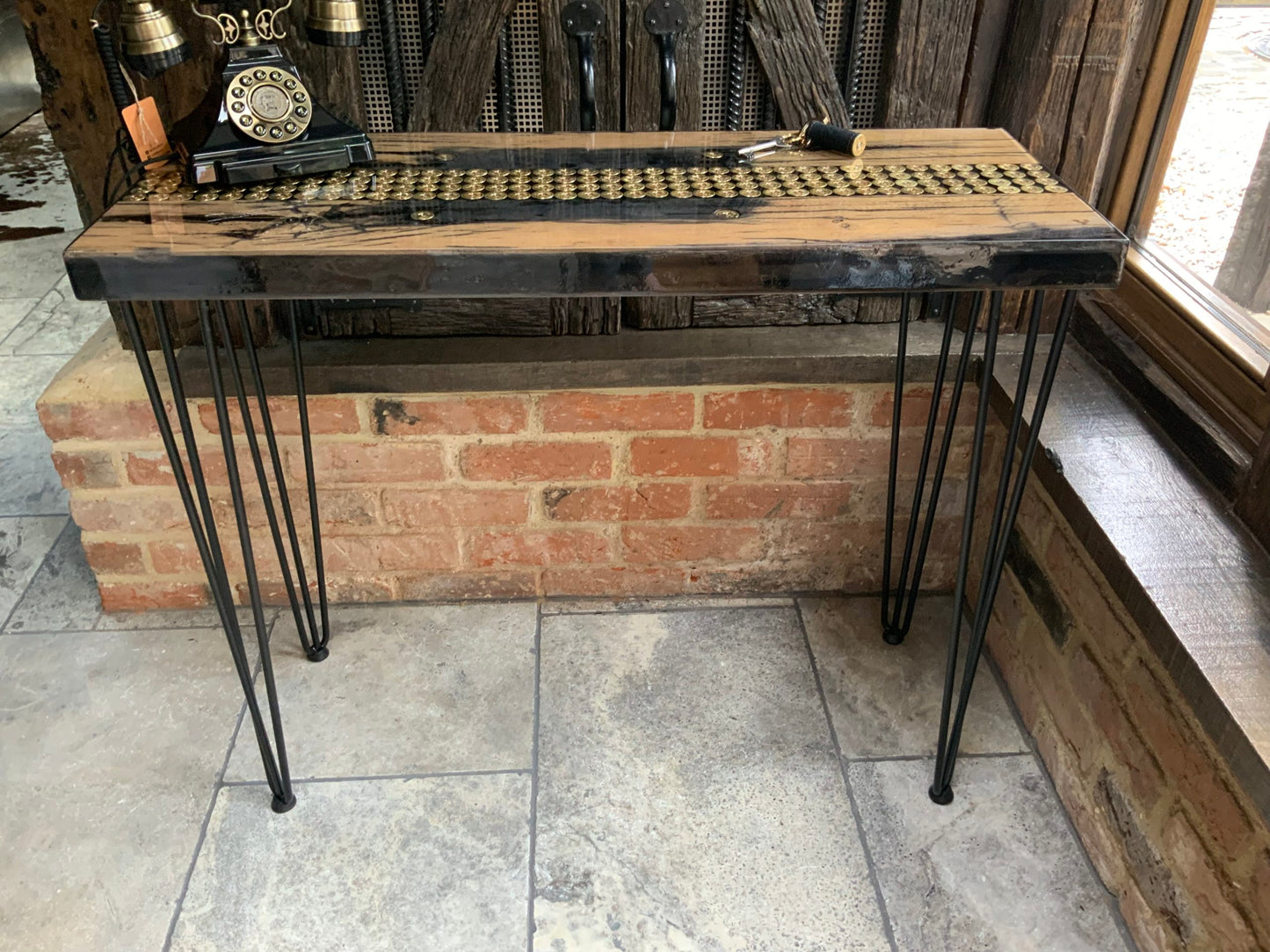 Reclaimed Oak and spent shell Resin Console Table