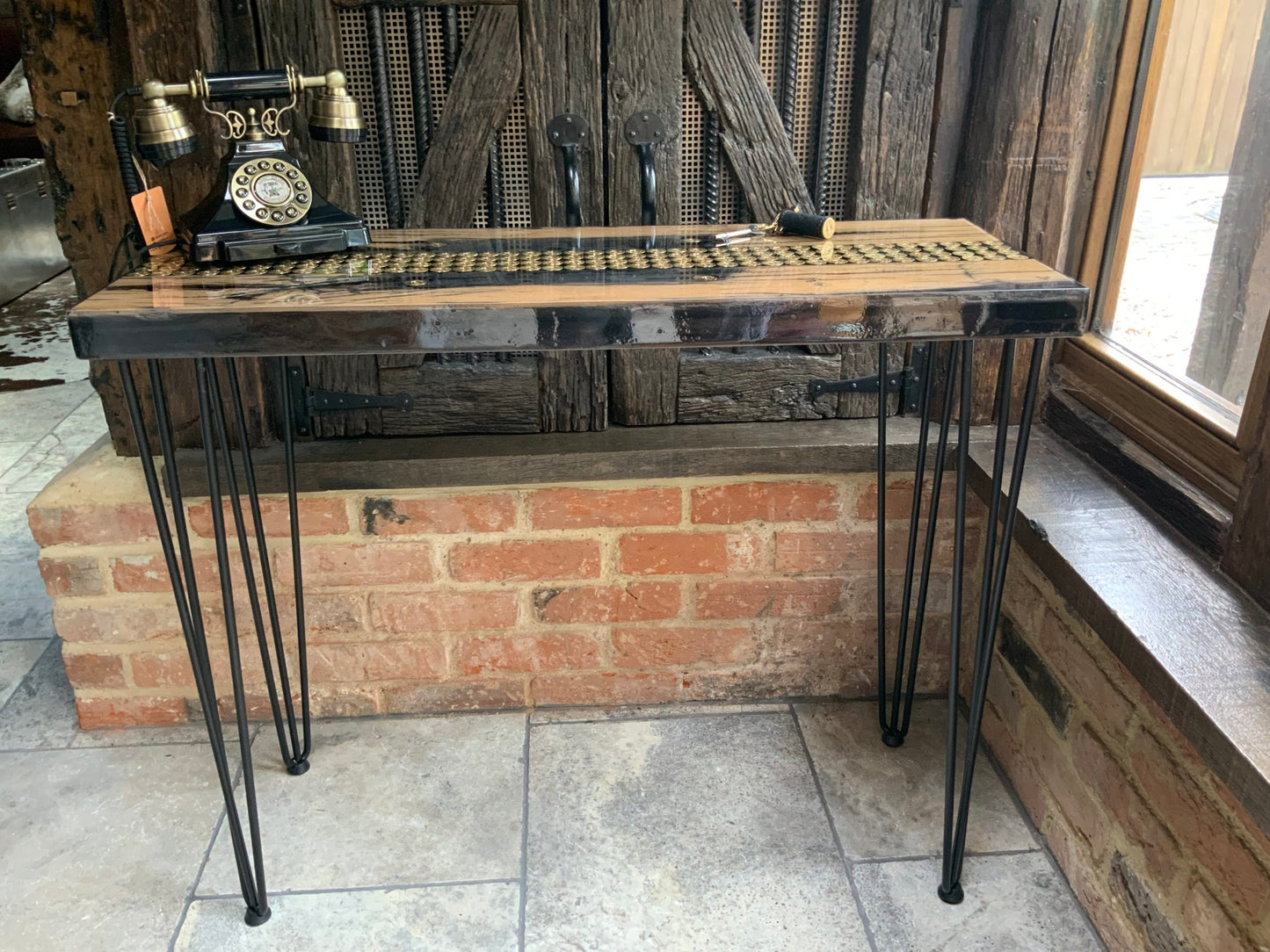 Reclaimed Oak and spent shell Resin Console Table