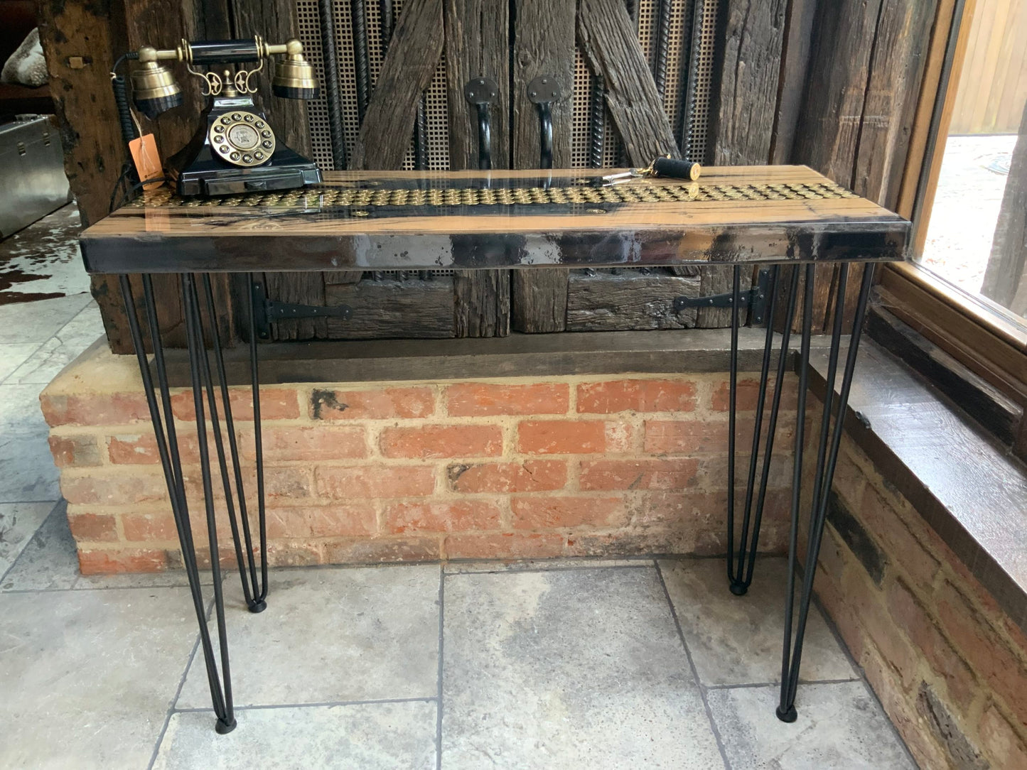 Reclaimed Oak and spent shell Resin Console Table