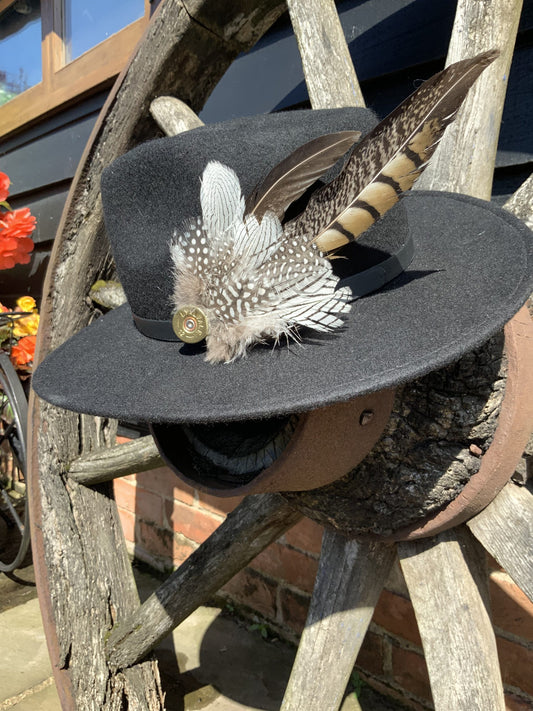 Tan Ringneck and Black Guinea Fowl Hat / Lapel Feather Brooch (CURRENTLY UNAVAILABLE)