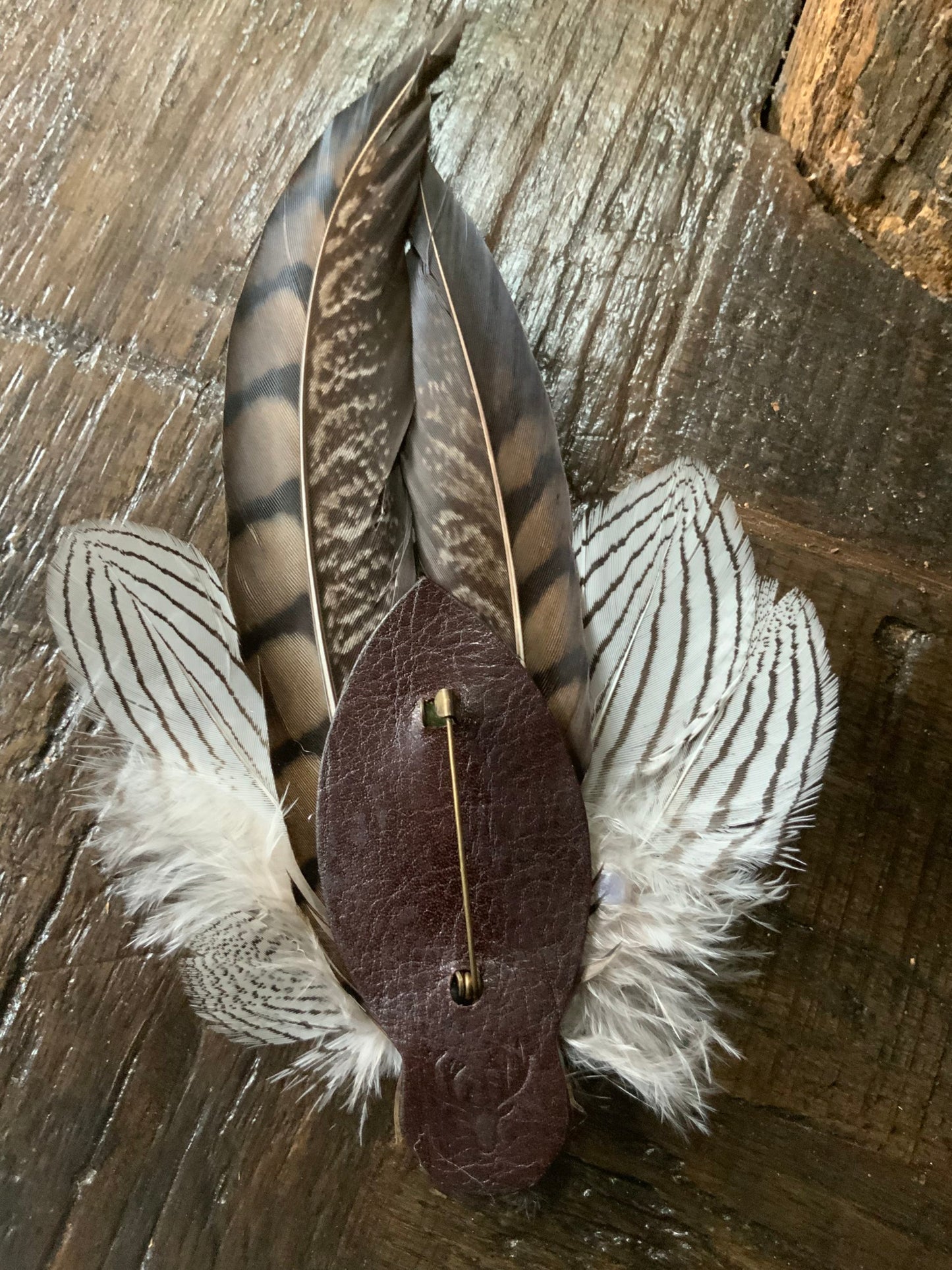 Tan Ringneck and Black Guinea Fowl Hat / Lapel Feather Brooch (CURRENTLY UNAVAILABLE)