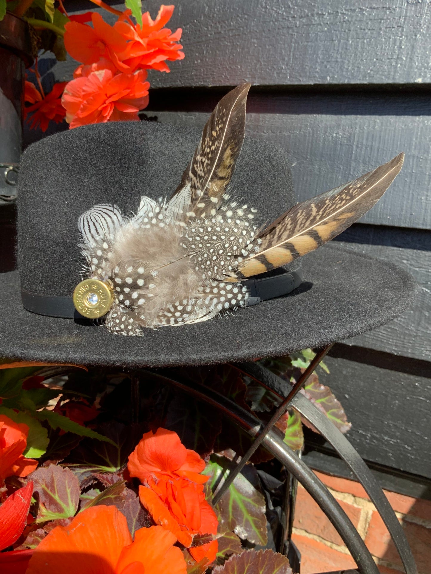 Tan Ringneck and Black Guinea Fowl Hat / Lapel Feather Brooch (CURRENTLY UNAVAILABLE)